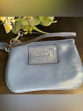Coach Light Blue Leather Wristlet with Logo Patch